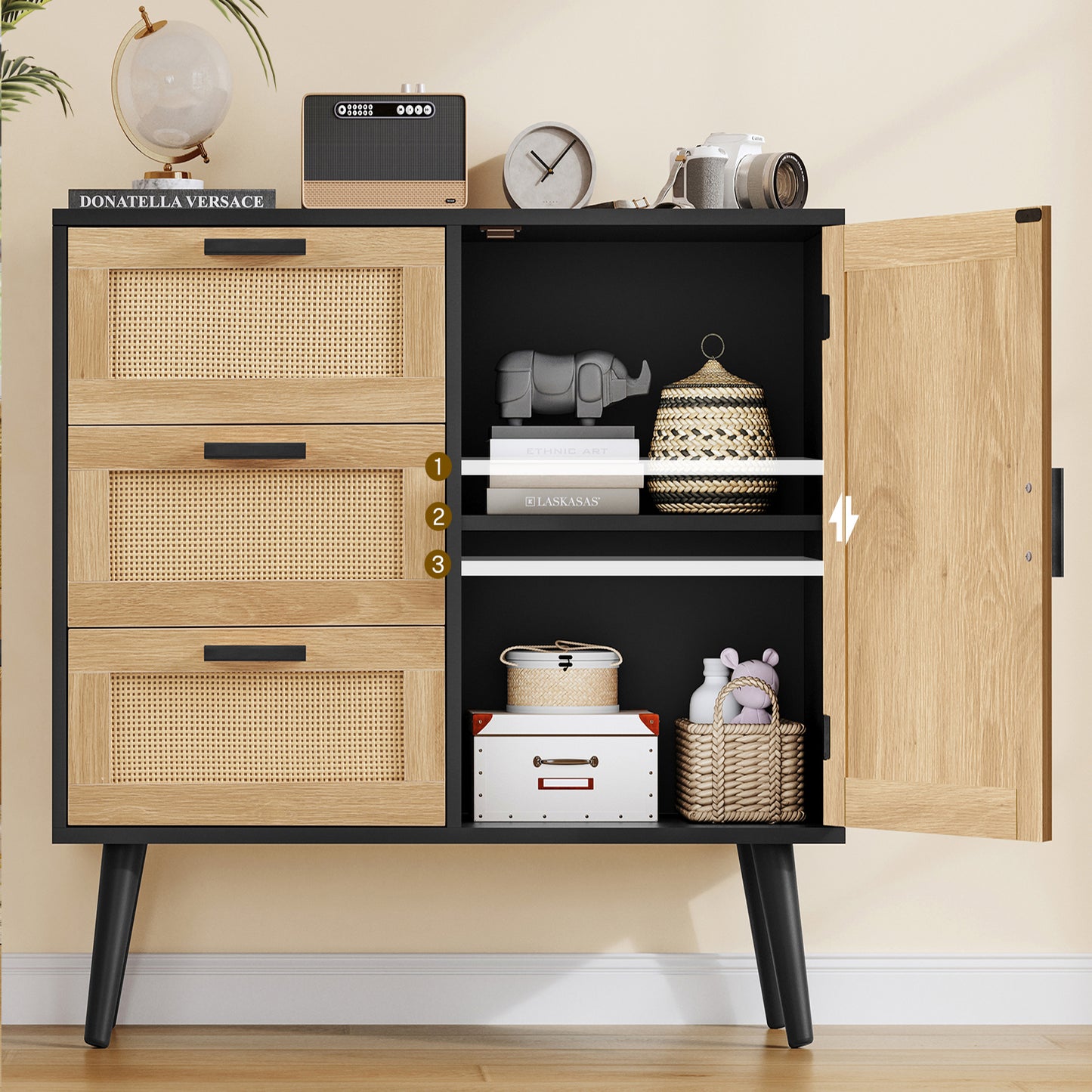Iwell Storage Cabinet with Rattan Door & 3 Drawers, Rattan Cabinet with Adjustable Shelf, Sideboard Buffet Cabinets with Storage, Entryway Cabinets, for Living Room, Dining Room, Entryway, Black