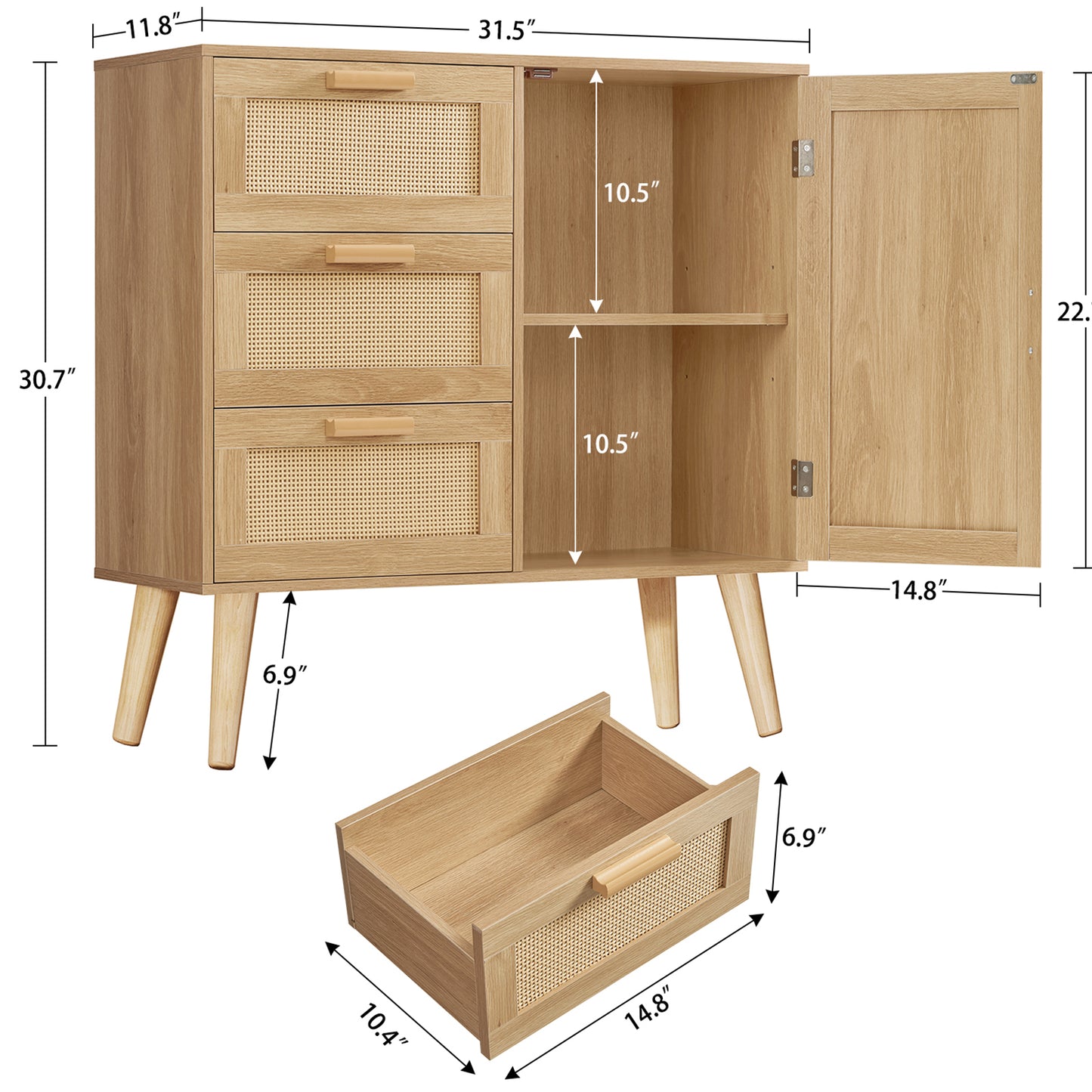 Iwell Storage Cabinet with 3 Drawers, Rattan Cabinet with Adjustable Shelf, Small Storage Cabinets, for Living Room, Entryway, Natural