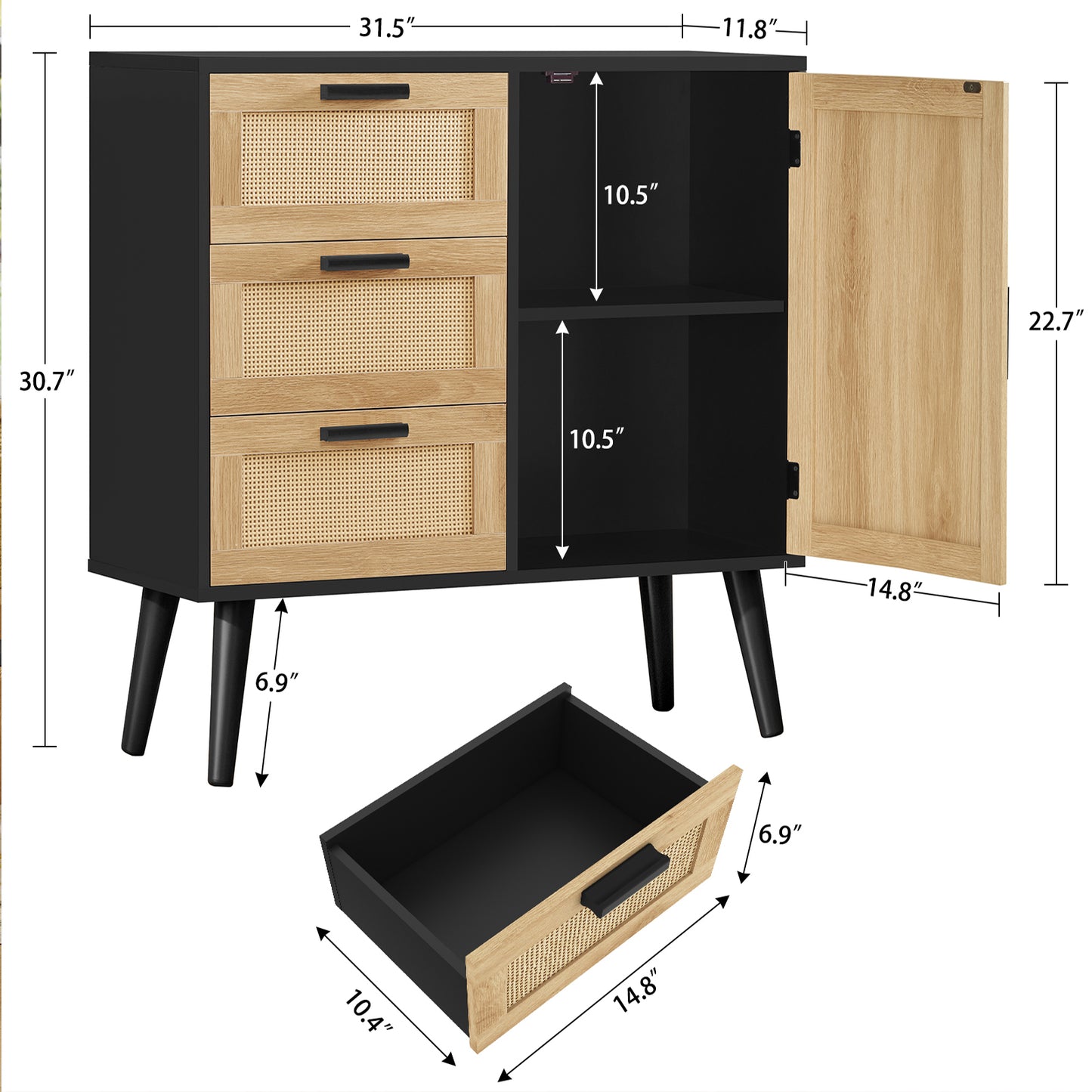 Iwell Storage Cabinet with Rattan Door & 3 Drawers, Rattan Cabinet with Adjustable Shelf, Sideboard Buffet Cabinets with Storage, Entryway Cabinets, for Living Room, Dining Room, Entryway, Black