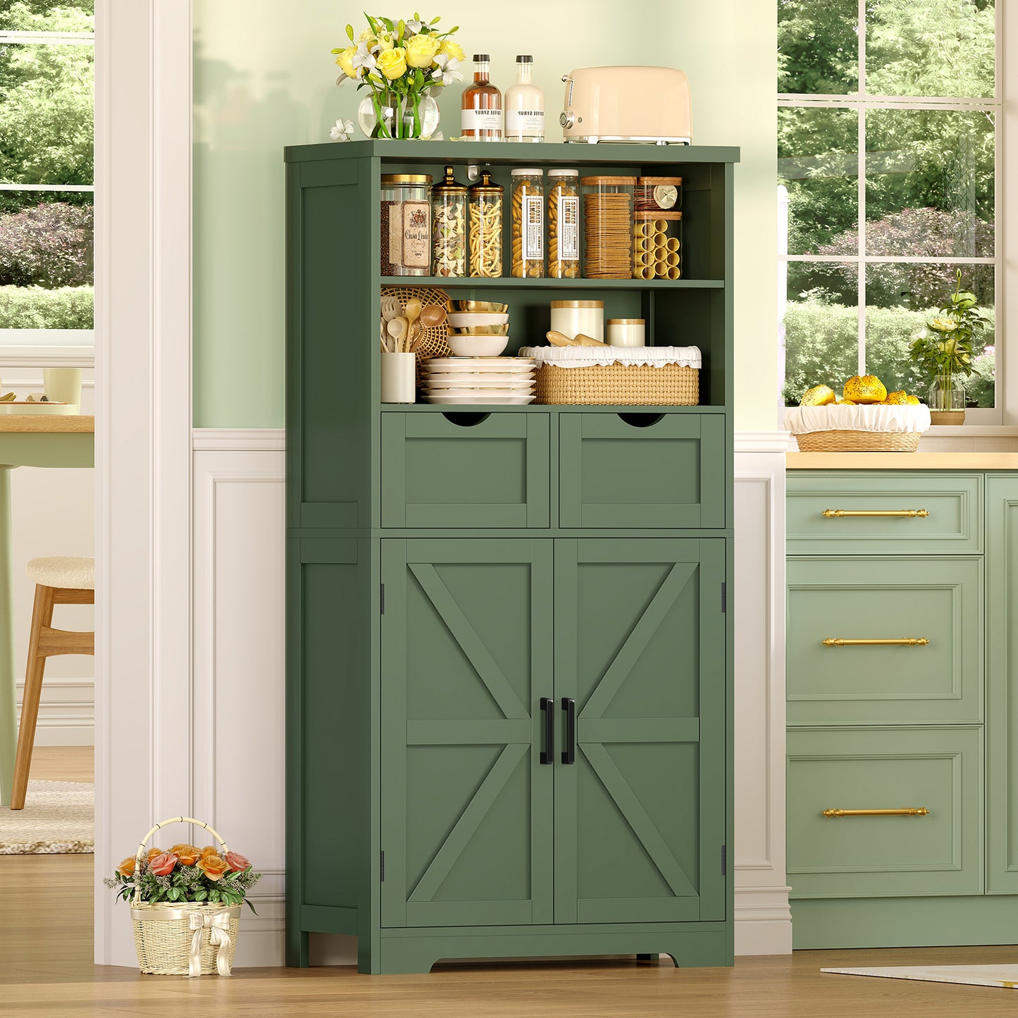 Bathroom Cabinet with Adjustable Shelf & 2 Drawers, Farmhouse Storage Cabinet with 2 Doors, Kitchen Storage Cabinets for Living Room, Entryway, Home Office, Forest Green