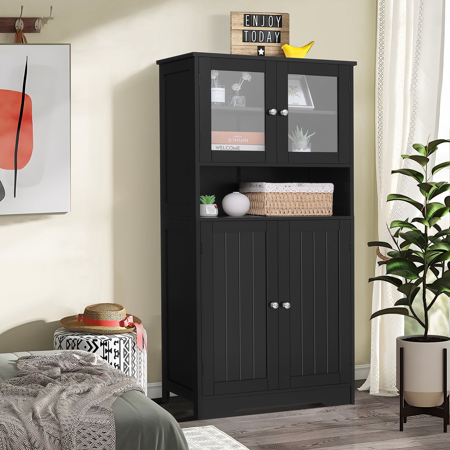 Iwell Bathroom Cabinet, Bathroom Storage Cabinet with Glass Doors & Adjustble Shelf, Large Display Cabinet with Open Compartment, Pantry Cabinet, Storage Cabinet for Living Room, Home Office, Black