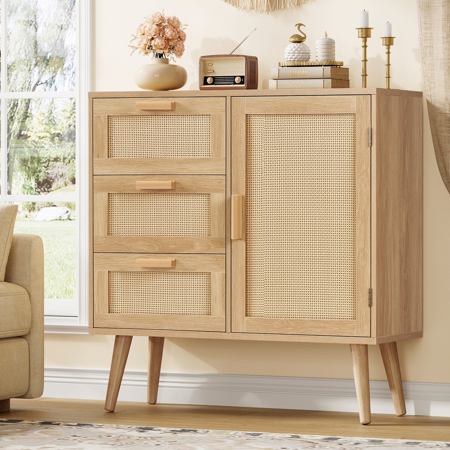 Iwell Storage Cabinet with 3 Drawers, Rattan Cabinet with Adjustable Shelf, Small Storage Cabinets, for Living Room, Entryway, Natural