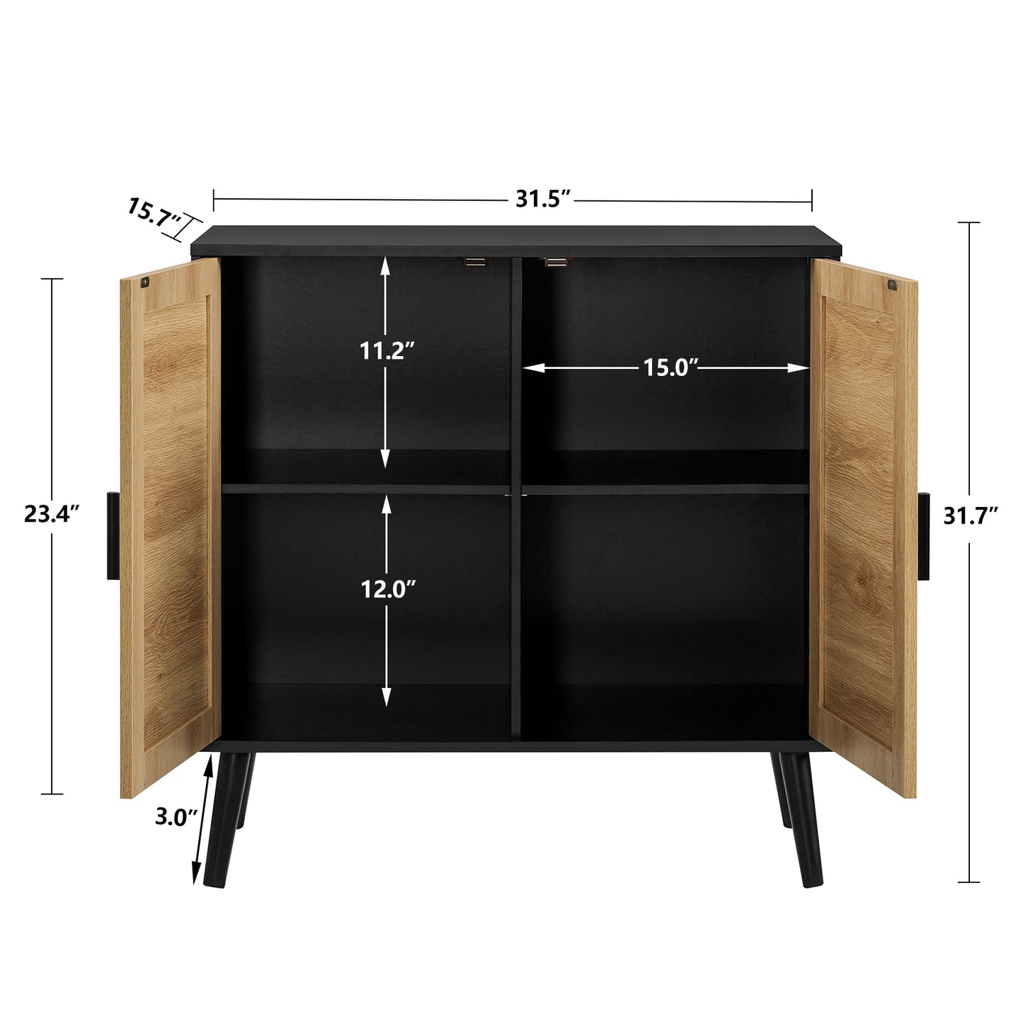 Iwell Boho Sideboard Buffet Cabinet, Kitchen Storage Cabinet with Natural Rattan Door & 2 Adjustable Shelves, Rattan Console Table, Accent Cabinet for Living Room, Kitchen, Entryway, Black