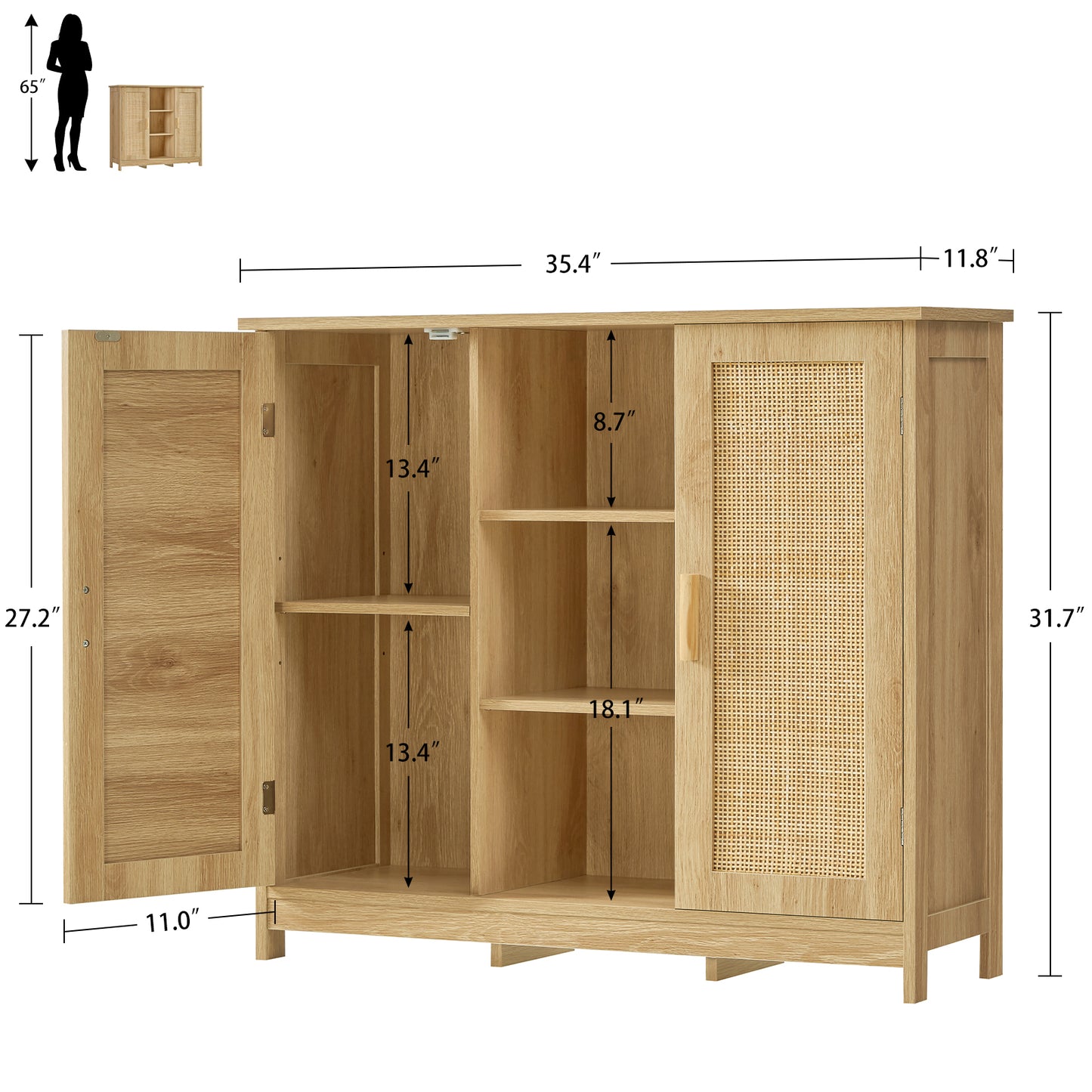 Iwell Rattan Storage Cabinet with 4 Adjustable Shelves, Coffee Bar Cabinet, Sideboard Buffet for Kitchen, Living Room, Entryway, Natural