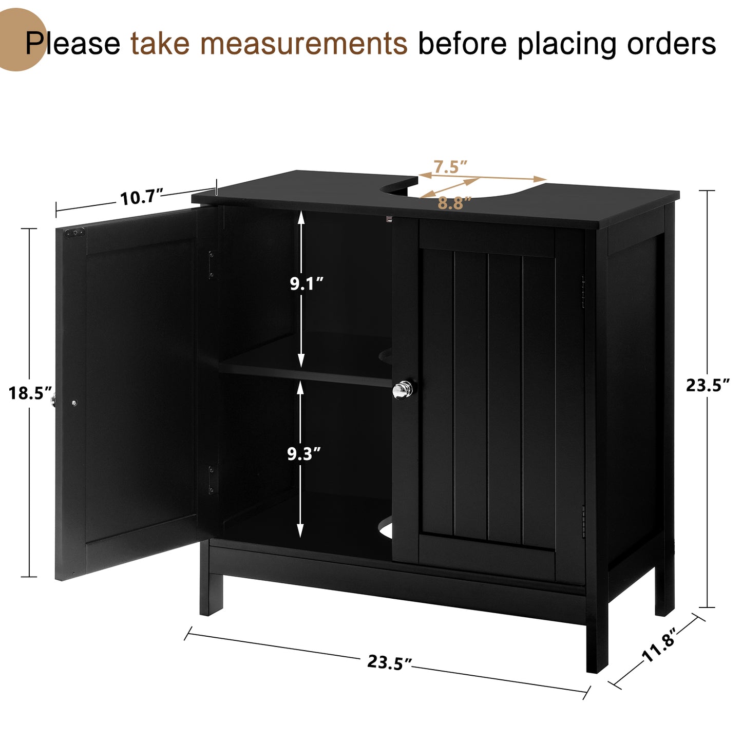 Iwell Under Sink Storage Cabinet with 2 Doors and Shelf, Pedestal Sink Bathroom Vanity Cabinet, Space Saver Organizer, Black