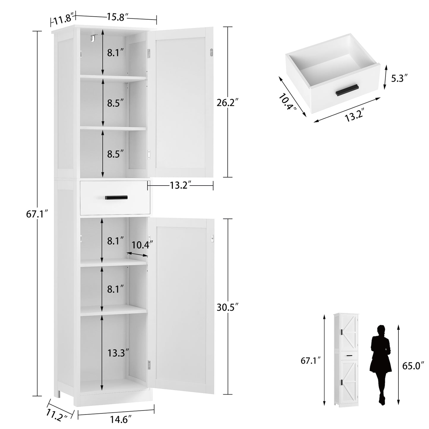 Tall Bathroom Cabinet, Storage Cabinet with 6 Shelves & Drawer, Bathroom Storage Cabinet with Adjustable Shelves, Tall Cabinet for Living Room, Home Office, White