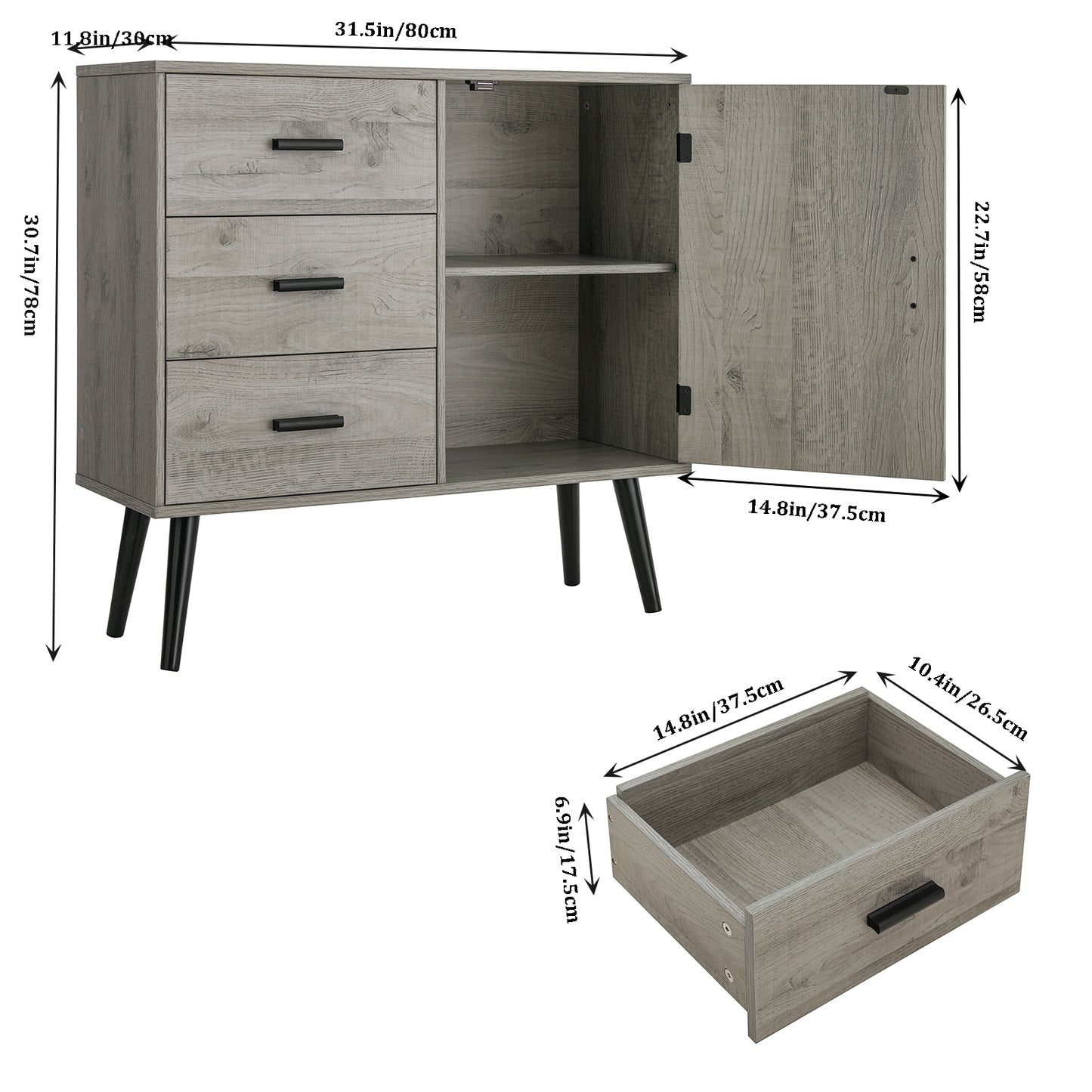 Iwell Storage Cabinet with 3 Drawers & Adjustable Shelf, Sideboard Buffet Cabinet, Small Freestanding Floor Storage Unit, for Living Room, Home Office, Rustic Grey
