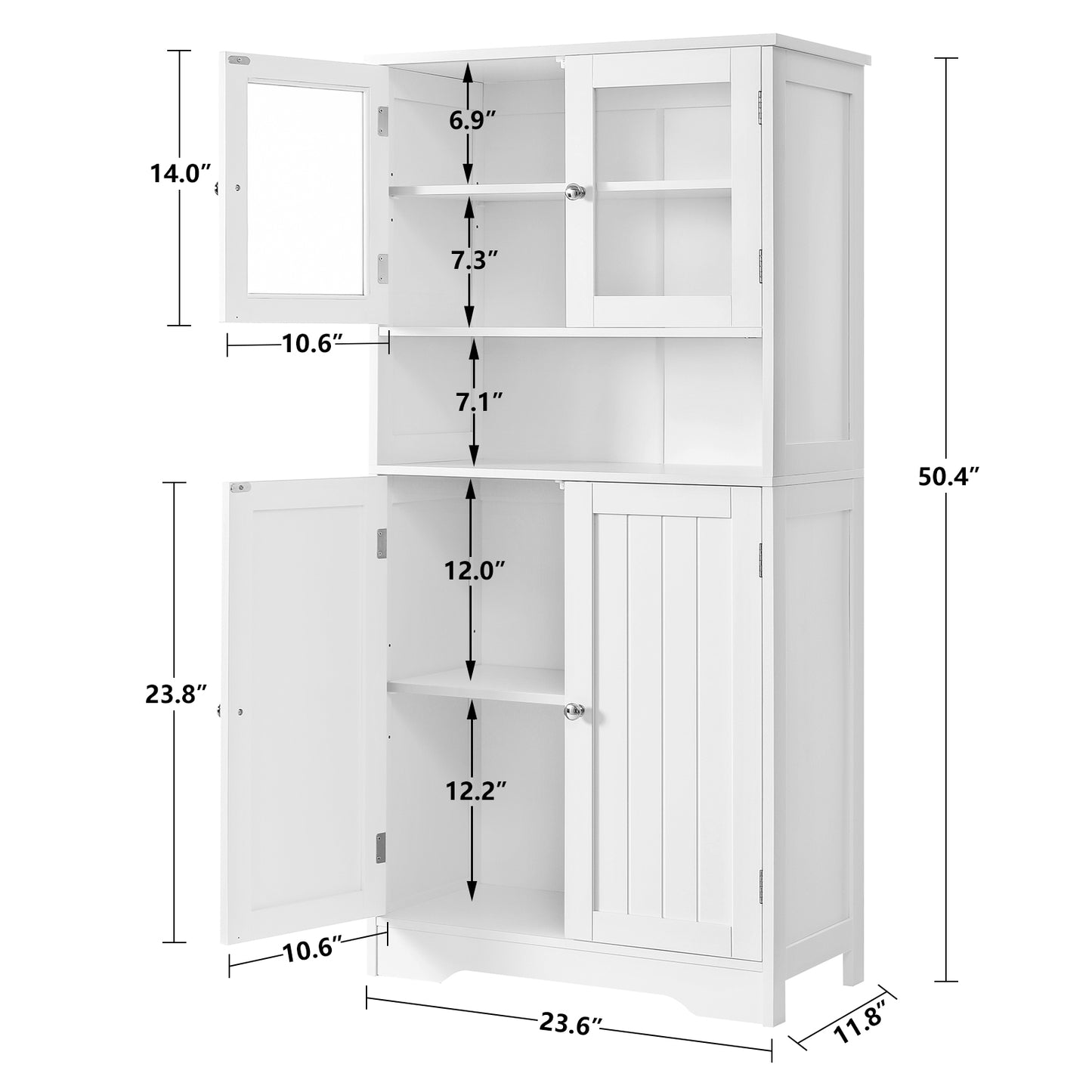 Iwell Tall Bathroom Cabinet, Bathroom Storage Cabinet with Glass Doors & Adjustble Shelf, Linen Cabinet with Open Compartment, Pantry Cabinet, Cupboard for Living Room, Home Office, White