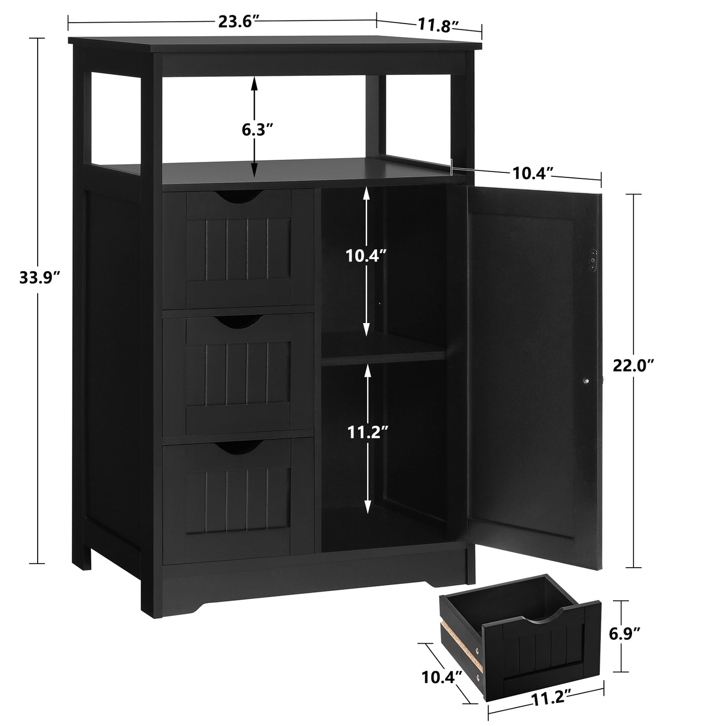 Iwell Bathroom Cabinet, Bathroom Storage Cabinet with 3 Large Drawers & 1 Adjustable Shelf, Bathroom Floor Cabinet with Door, Freestanding Storage Cabinet for Living Room, Bedroom, Home Office, Black