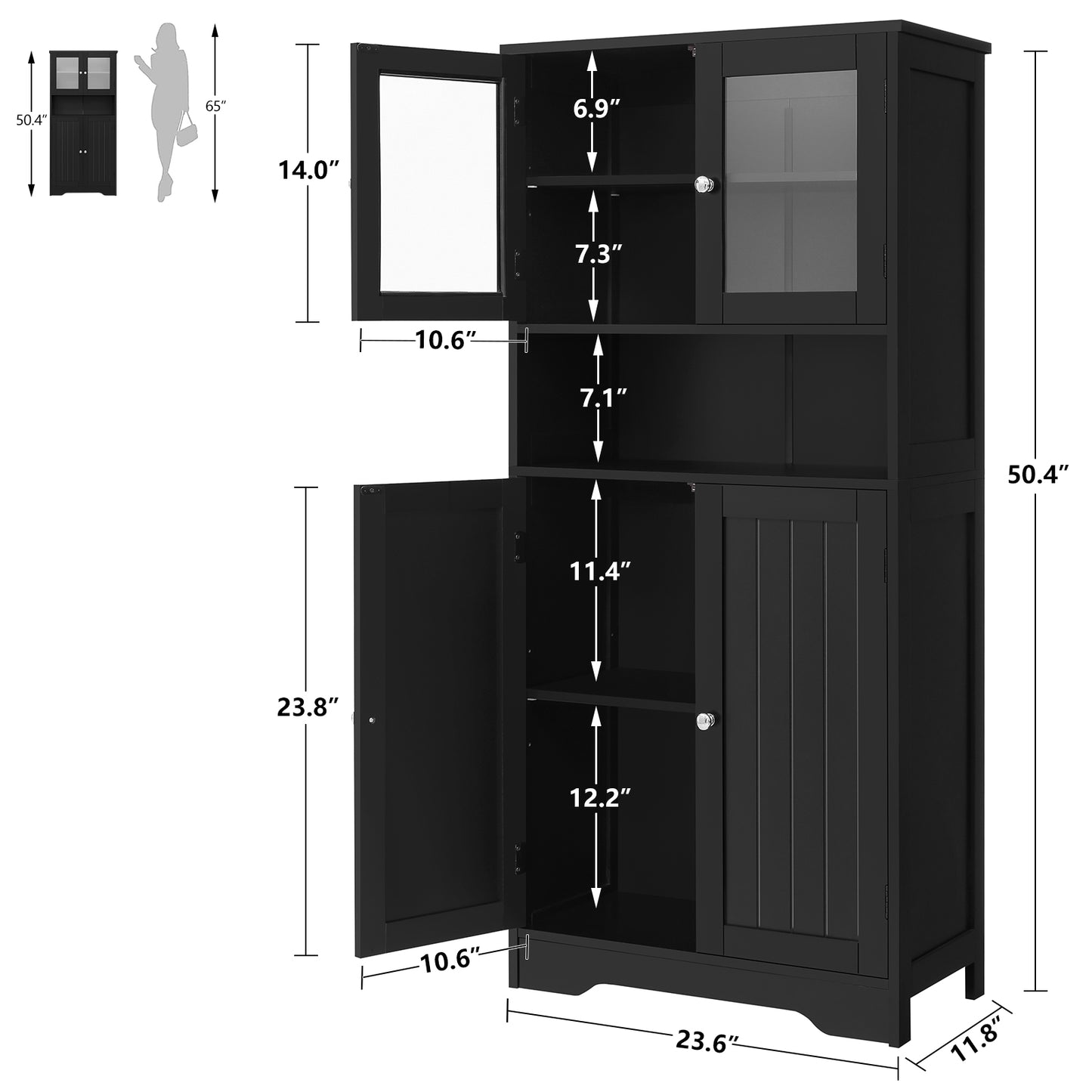 Iwell Bathroom Cabinet, Bathroom Storage Cabinet with Glass Doors & Adjustble Shelf, Large Display Cabinet with Open Compartment, Pantry Cabinet, Storage Cabinet for Living Room, Home Office, Black