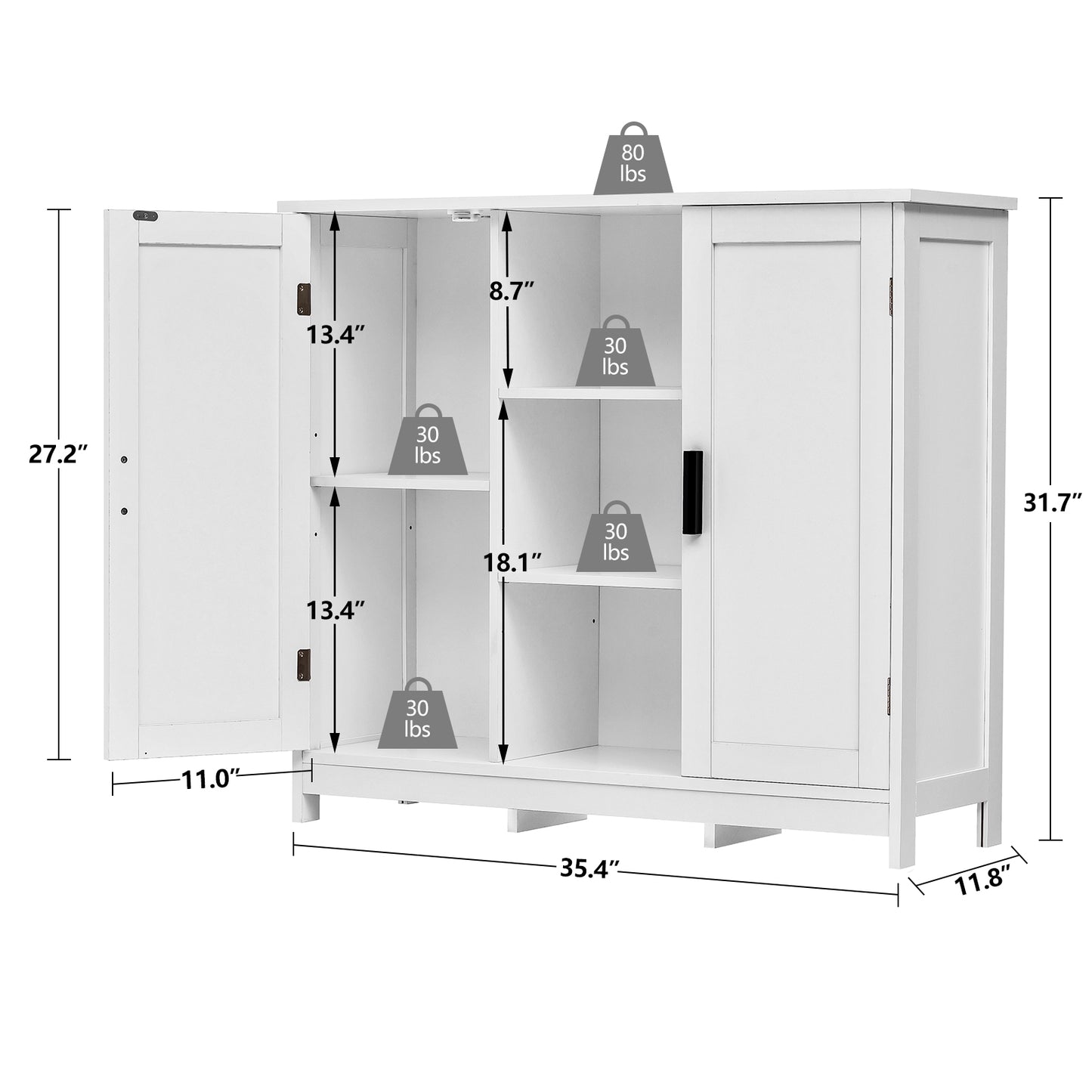 Iwell Floor Storage Cabinet with 2 Doors and 2 Open Shelves, Wooden Buffet Cabinet, Freestanding Cabinet for Kitchen, Living Room, Hallway, White