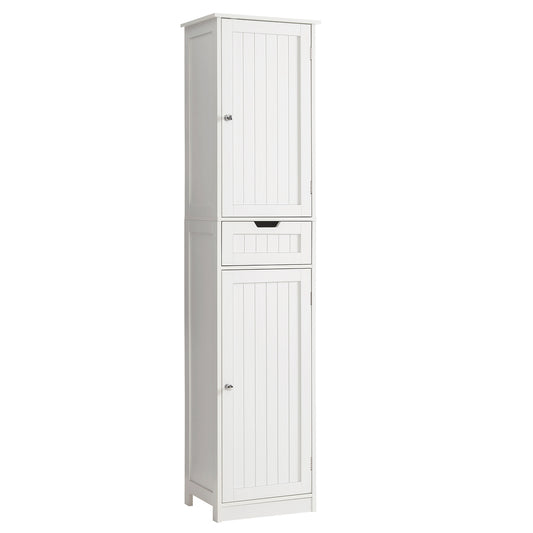 IWELL Tall Linen Tower Cabinet, Freestanding Bathroom Cabinet with 2 Doors 6 Tier Shelves & Drawer, Narrow Floor Storage Cabinet for Living Room, White