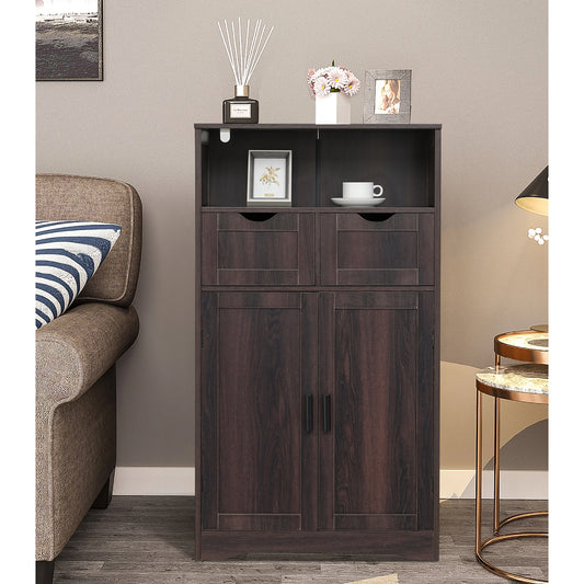 IWELL Large Storage Cabinet, Bathroom Floor Cabinet with 2 Adjustable Drawers & 2 Shelf, Accent Cabinet with Double Door, Sideboard, Cupboard for Living Room, Home Office, Espresso