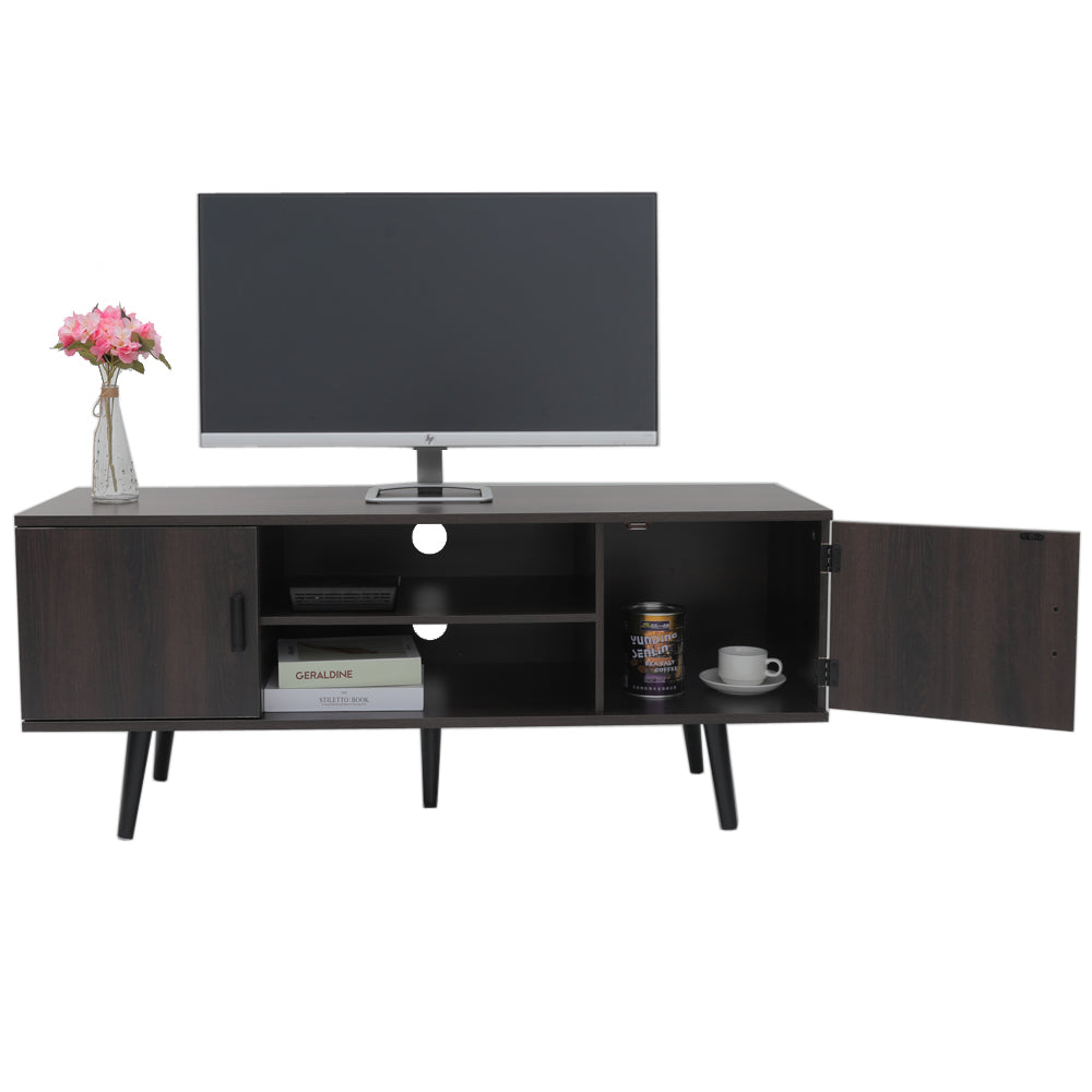 IWELL TV Stand for 55 inch TV, Entertainment Center with 2 Cabinet & 2 Shelves, Retro TV Console Table, Mid Century Modern TV Stand for Living Room, Bedroom, Black Oak