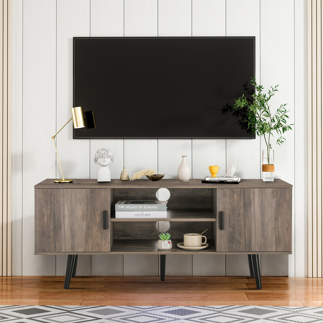 IWELL TV Stand for 55 inch TV, Entertainment Center with Storage and Open Shelves, TV Console Table for Living Room, Bedroom, Rustic Oak