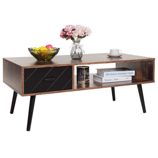 IWELL Mid Century Coffee Table for Living Room with Storage, Wood Retro Coffee Table with Drawer and Shelf, Solid Wood Legs, Cocktail Table for Reception Room/Office, Black and Rustic Brown