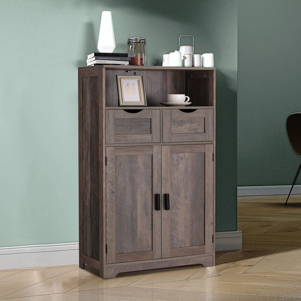 IWELL Large Storage Cabinet, Bathroom Cabinet with 2 Drawers & 2 Shelf, Cupboard, Sideboard for Living Room, Bedroom, Office, Rustic Oak