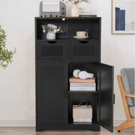 IWELL Storage Cabinet, Bathroom Floor Cabinet with 2 Drawers & 2 Shelves, Freestanding Accent Cabinet for Living Room, Bedroom, Office, Black