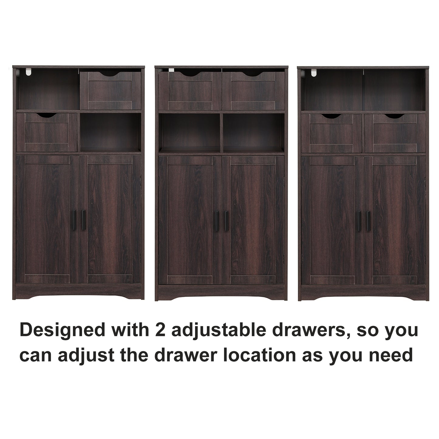 IWELL Large Storage Cabinet, Bathroom Floor Cabinet with 2 Adjustable Drawers & 2 Shelf, Accent Cabinet with Double Door, Sideboard, Cupboard for Living Room, Home Office, Espresso