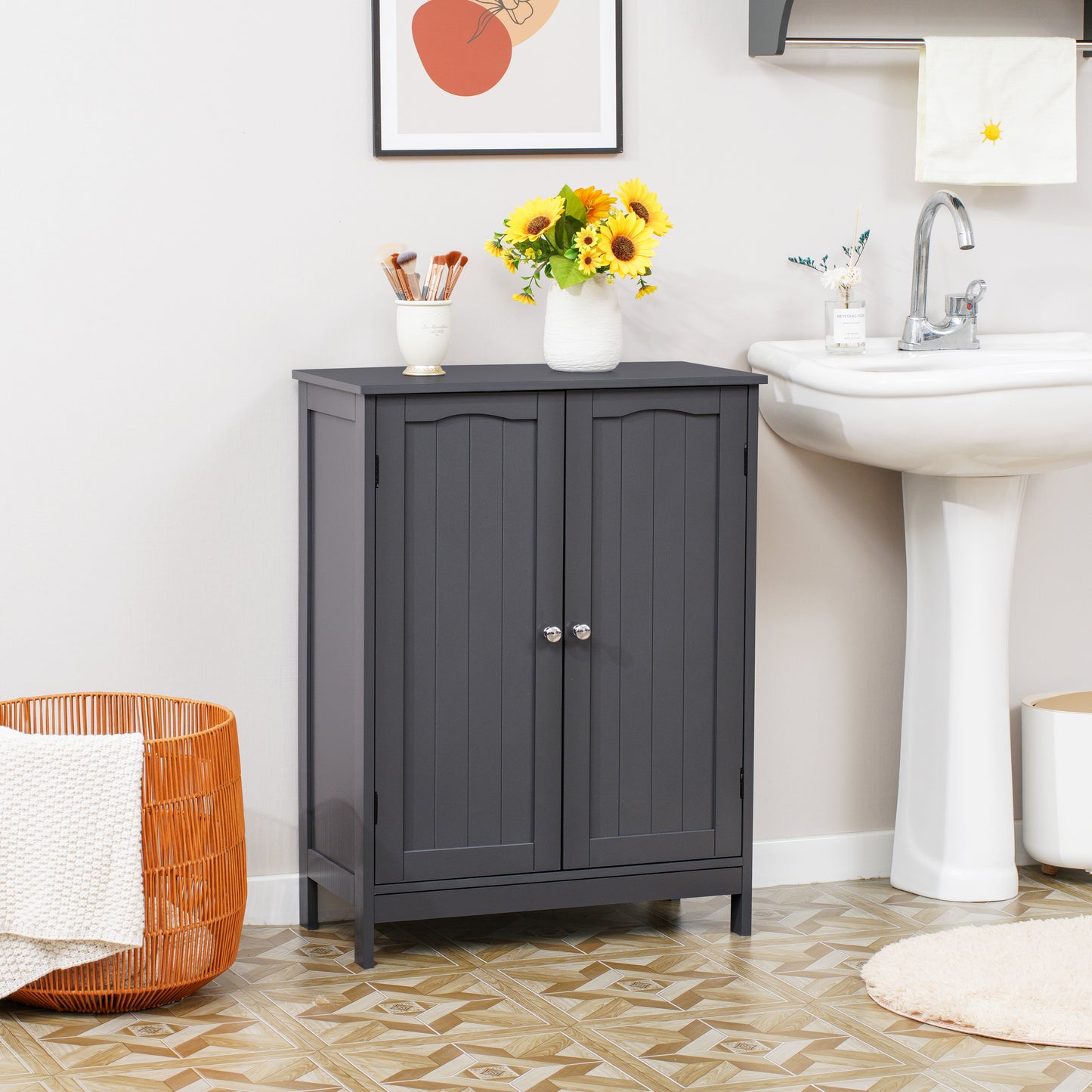 IWELL Bathroom Floor Cabinet, Modern Storage Cabinet with Adjustable Shelf and Double Door, Free-Standing Storage Organizer for Bathroom, Living Room, Grey