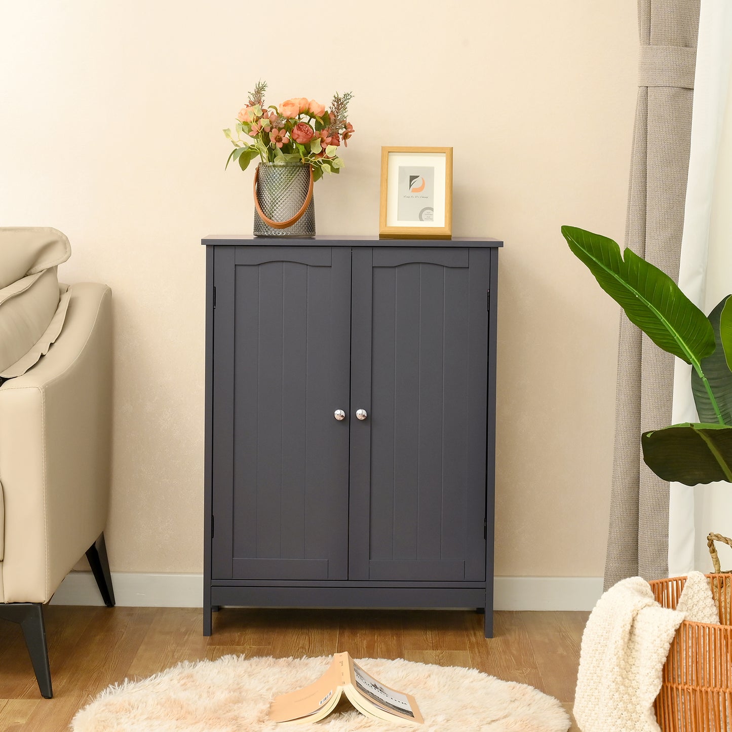 IWELL Bathroom Floor Cabinet, Modern Storage Cabinet with Adjustable Shelf and Double Door, Free-Standing Storage Organizer for Bathroom, Living Room, Grey