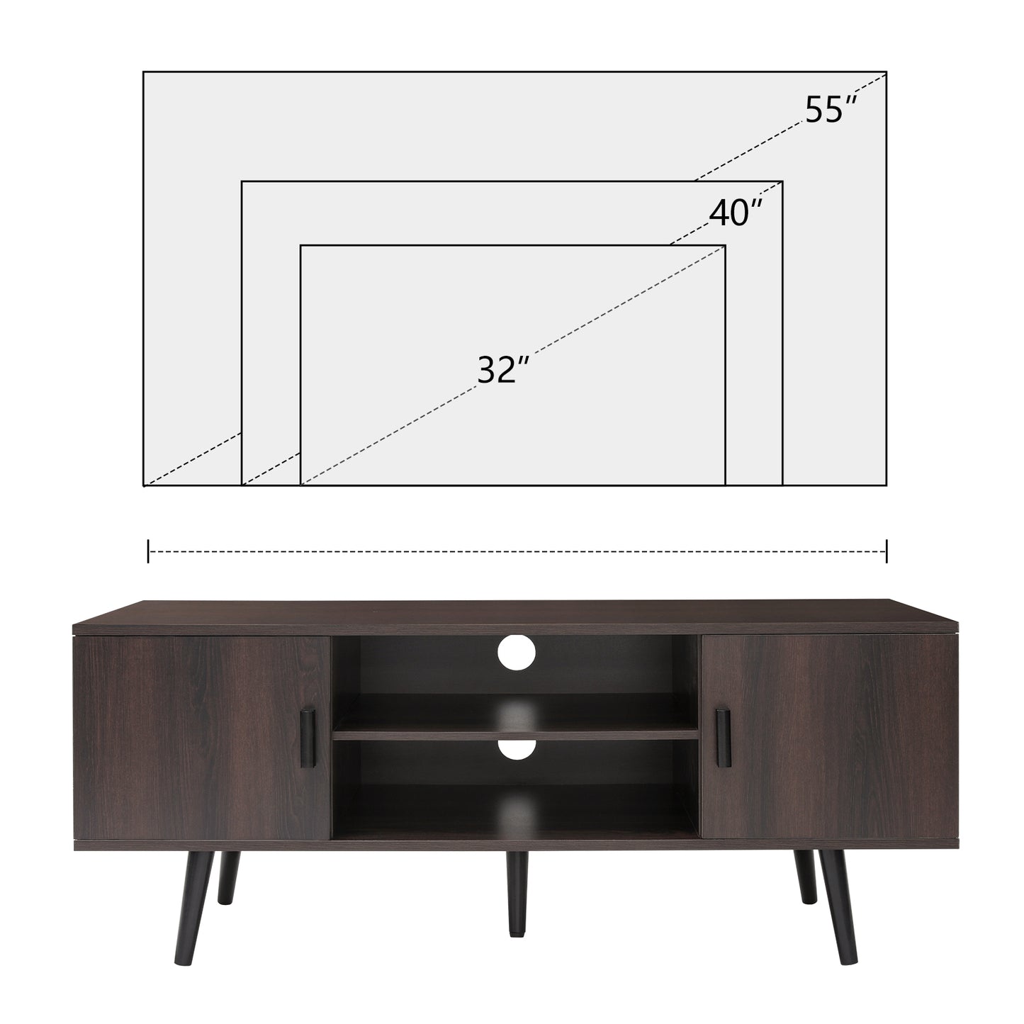 IWELL TV Stand for 55 inch TV, Entertainment Center with 2 Cabinet & 2 Shelves, Retro TV Console Table, Mid Century Modern TV Stand for Living Room, Bedroom, Black Oak