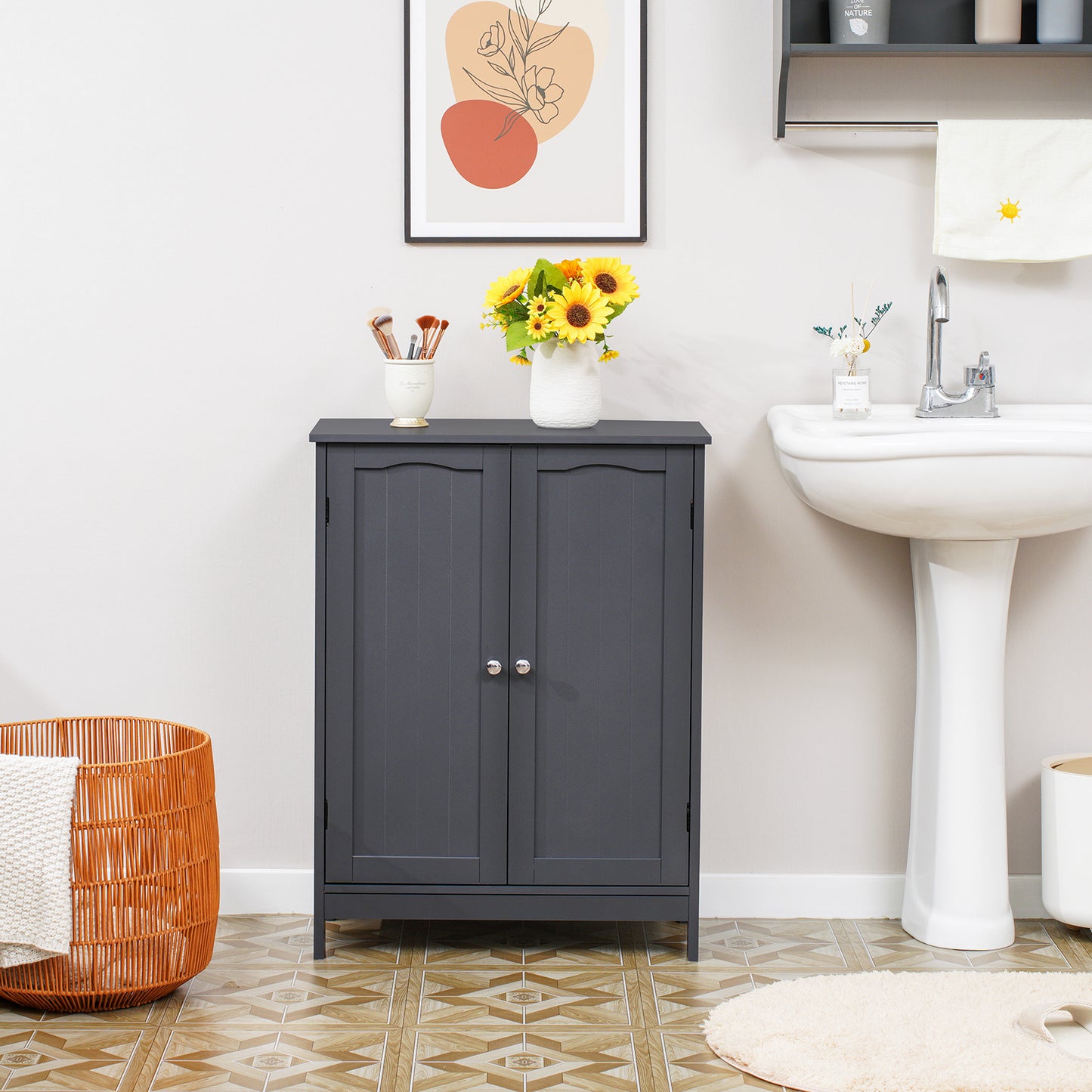 IWELL Bathroom Floor Cabinet, Modern Storage Cabinet with Adjustable Shelf and Double Door, Free-Standing Storage Organizer for Bathroom, Living Room, Grey