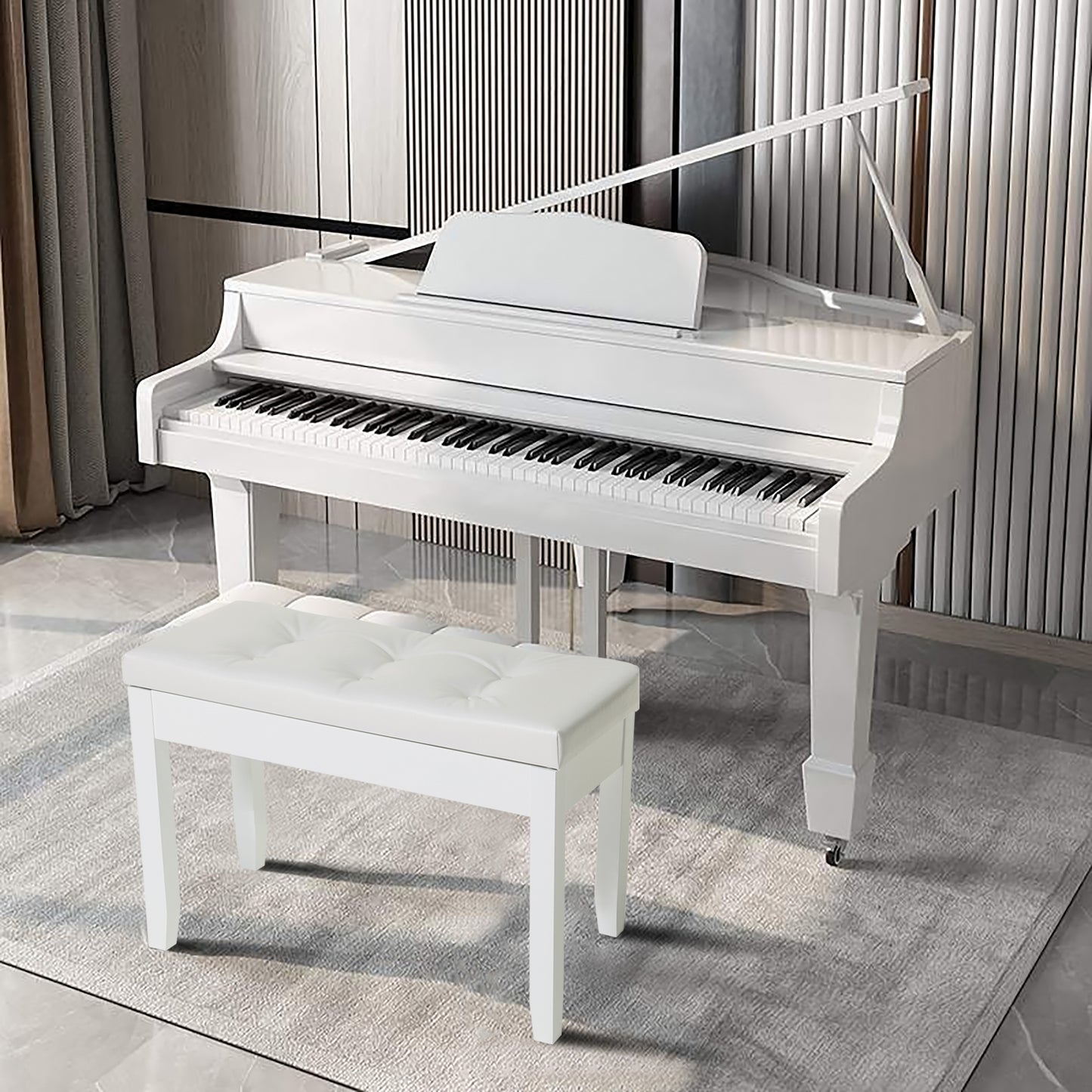 IWELL 28" L Duet White Piano Bench with Storage Compartment & Padded Cushion, Rubberwood Keyboard Bench, Vanity Stool, Capacity 396LBS, Keyboard Seat, Easy Assembly