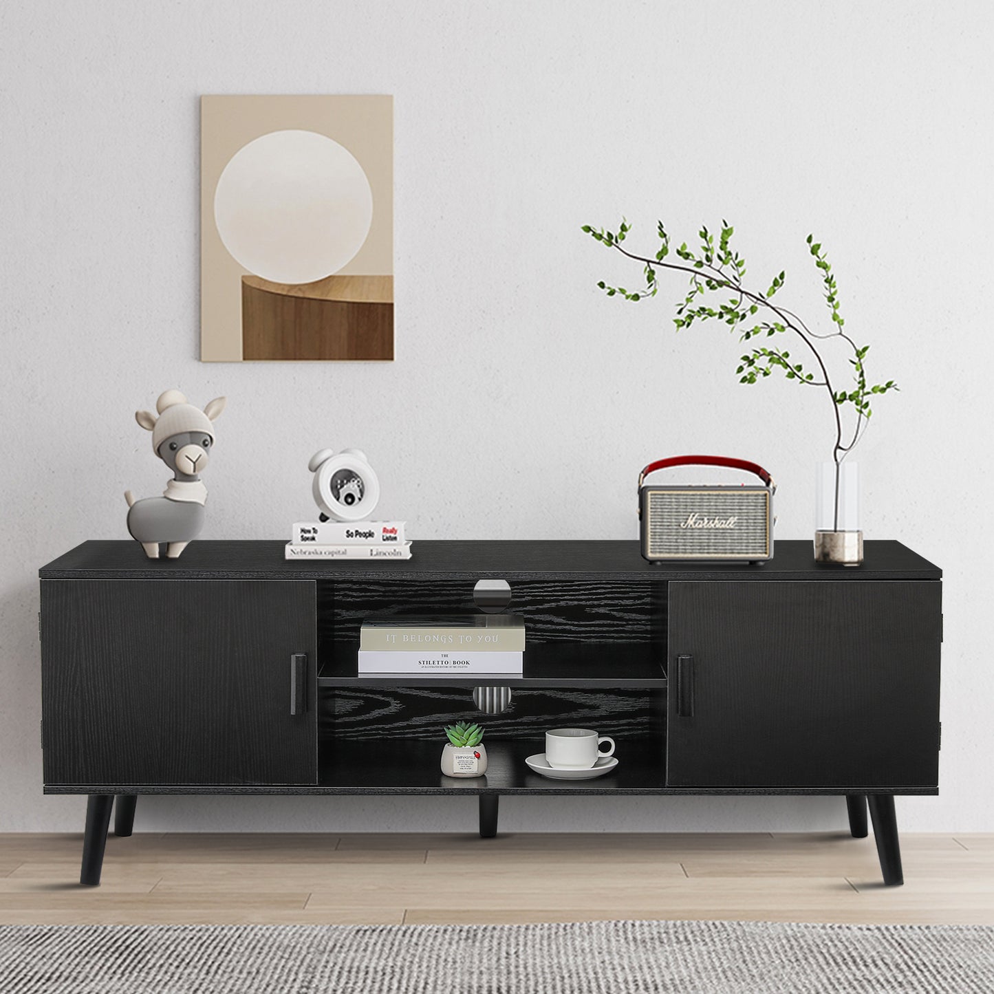 IWELL TV Stand for 55 inch TV, Entertainment Center with Storage and Open Shelves, Mid Century TV Stand Table, Media Console for Living Room, Bedroom, Black