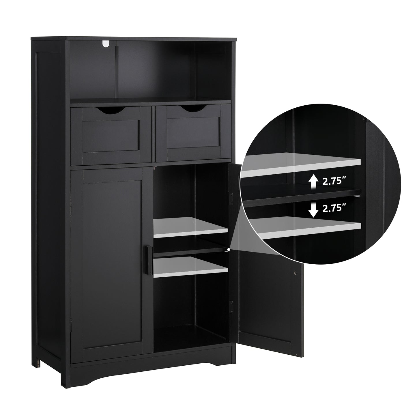 IWELL Storage Cabinet, Bathroom Floor Cabinet with 2 Drawers & 2 Shelves, Freestanding Accent Cabinet for Living Room, Bedroom, Office, Black