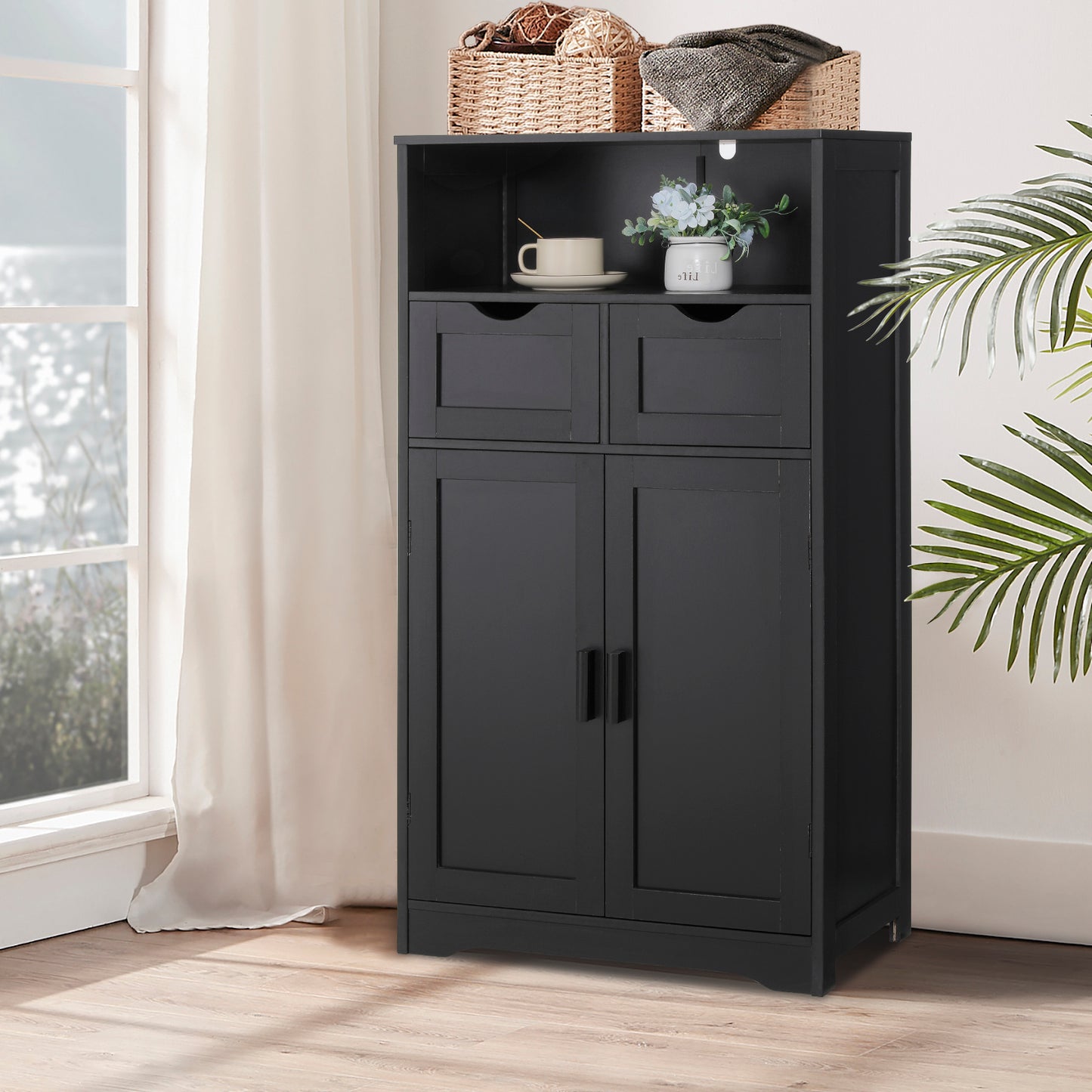 IWELL Storage Cabinet, Bathroom Floor Cabinet with 2 Drawers & 2 Shelves, Freestanding Accent Cabinet for Living Room, Bedroom, Office, Black