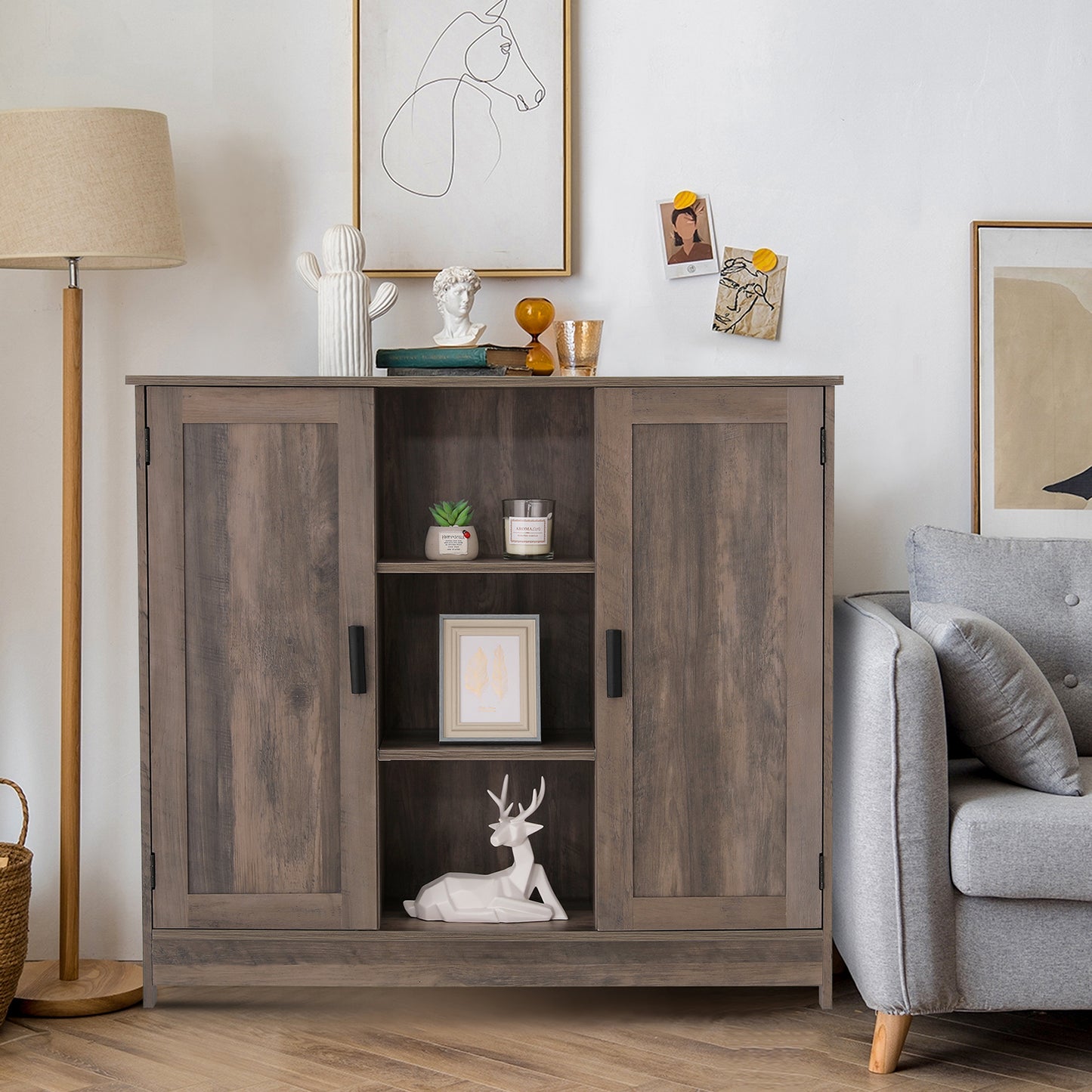 IWELL Storage Cabinet, Buffet Cabinet with 2 Doors and 2 Open Shelves, Freestanding Cabinet for Kitchen, Living Room, Hallway, Rustic Oak