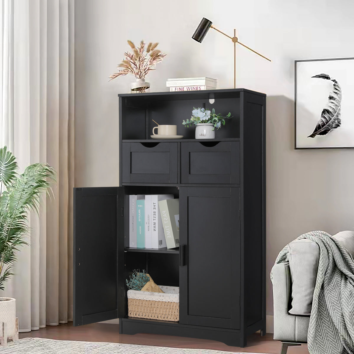 IWELL Storage Cabinet, Bathroom Floor Cabinet with 2 Drawers & 2 Shelves, Freestanding Accent Cabinet for Living Room, Bedroom, Office, Black