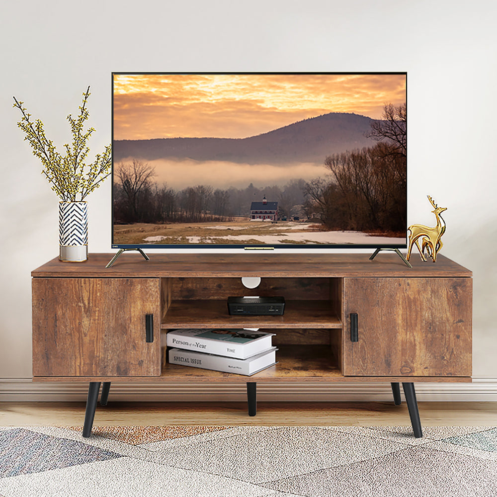 IWELL Mid-Century Modern TV Stand for 55 Inch TV, Entertainment Center TV Console with 2 Storage Cabinet and Shelves, TV Stand for Living Room/Bedroom, Rustic Brown