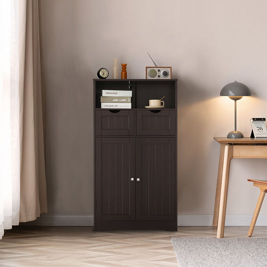 IWELL Large Bathroom Cabinet, Storage Cabinet with 2 Doors & 2 Drawers, Floor Cabinet for Living Room, Bedroom, Espresso