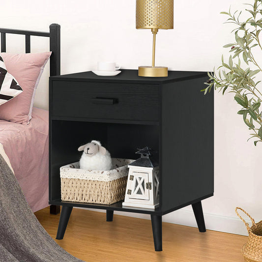 IWELL Mid-Century Nightstand Set of 2, End Table with Drawer, Side Table with Open Compartment, Sofa Beside Table for Small Space, Wooden Accent Table in Bedroom, Black