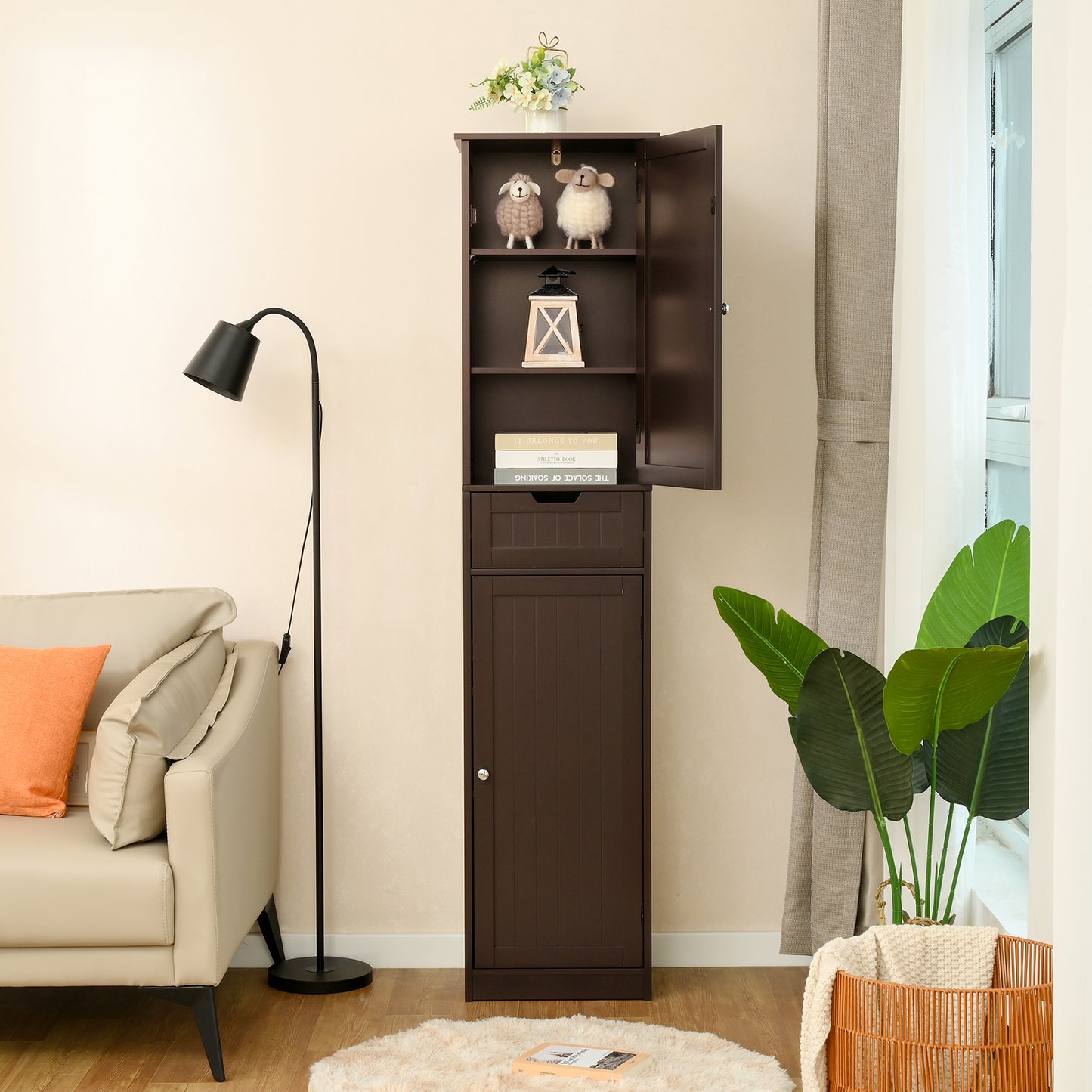 IWELL Tall Bathroom Cabinet, Storage Cabinet with 1 Drawer & 2 Doors, Narrow Floor Cabinet with Adjustable Shelves for Bathroom, Living Room, Bedroom, Brown