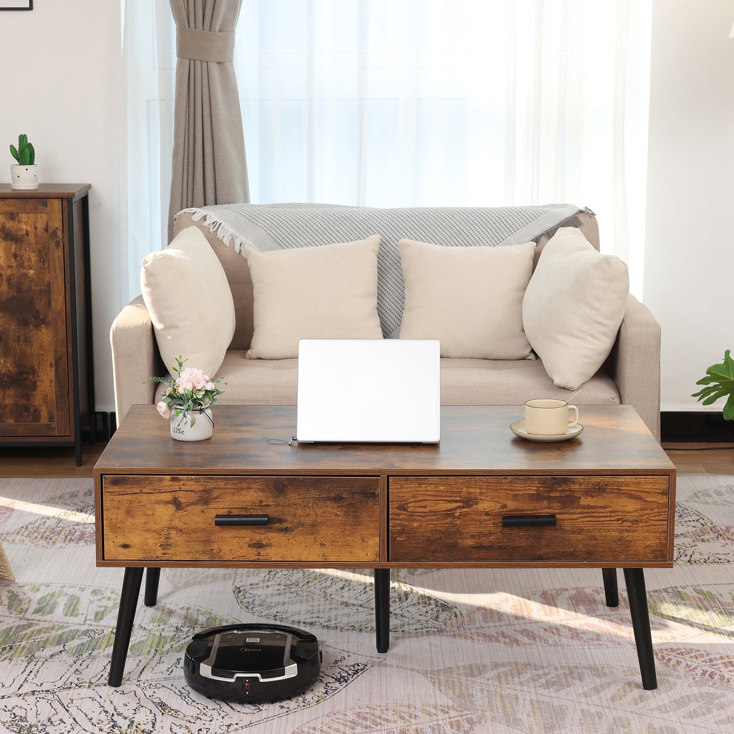 IWELL Coffee Table for Living Room, Mid Century Modern Coffee Table with 2 Drawers & 2 Open Shelves, Wood TV Stand for Home Office, Rustic Brown