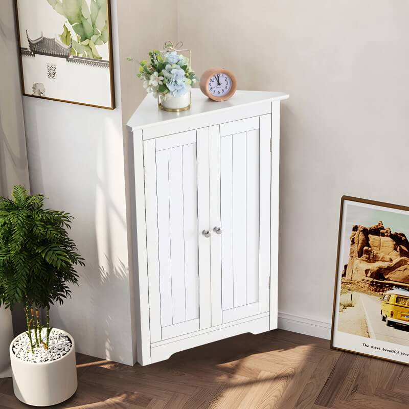 IWELL Floor Corner Cabinet, Bathroom Corner Cabinet with 2 Doors and Storage Shelves, Free-Standing Corner Cabinet for Bathroom, Living Room, Kitchen, Bedroom, White