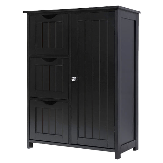 IWELL Bathroom Cabinet, Floor Storage Cabinet with 1 Cupboard & 3 Drawers, Freestanding Entryway Medical Cabinet for Bathroom, Living Room, Black