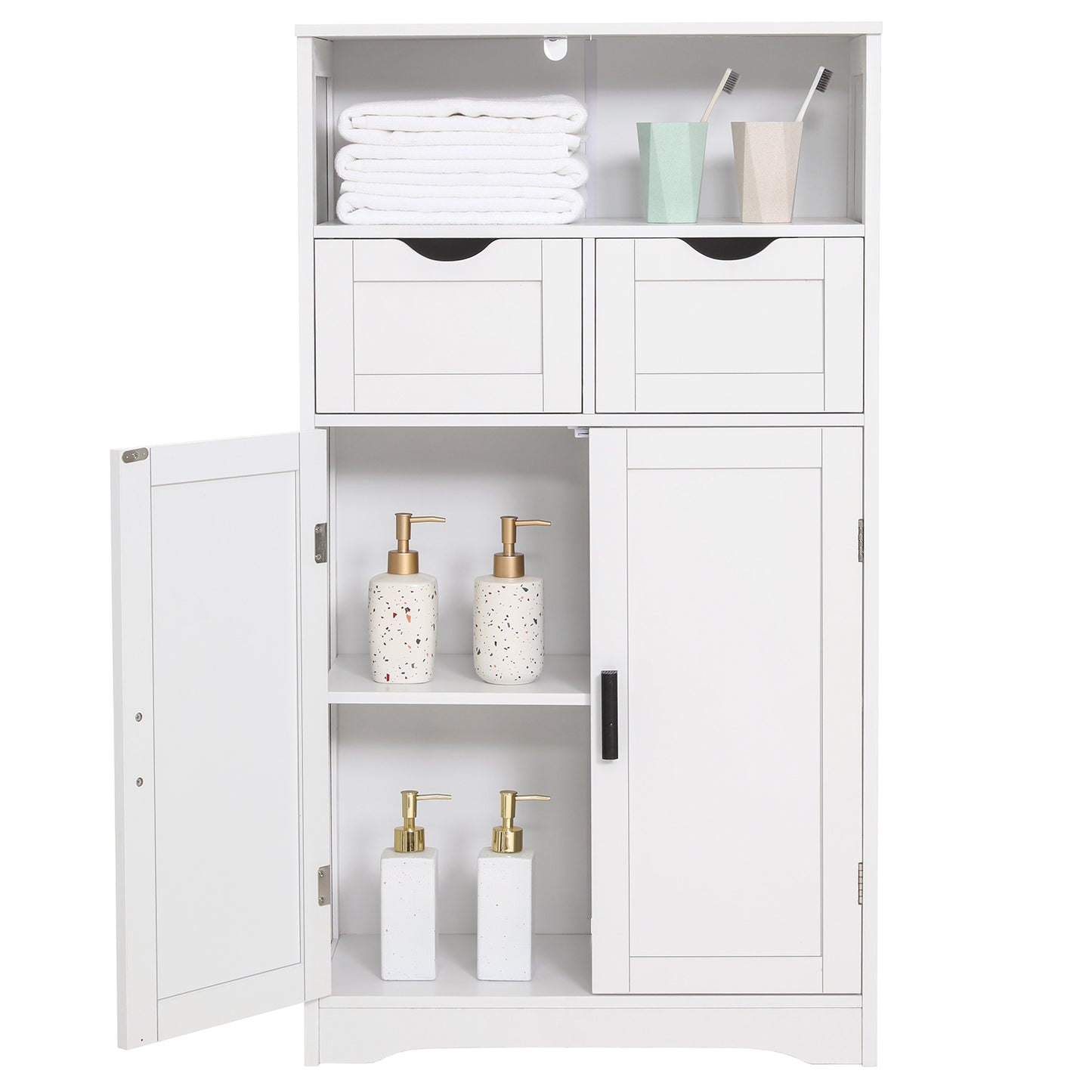 IWELL Bathroom Cabinet, Storage Cabinet with 2 Drawers, Bathroom Storage Cabinet with Door and Shelves, Accent Cabinet for Living Room, Bedroom, White