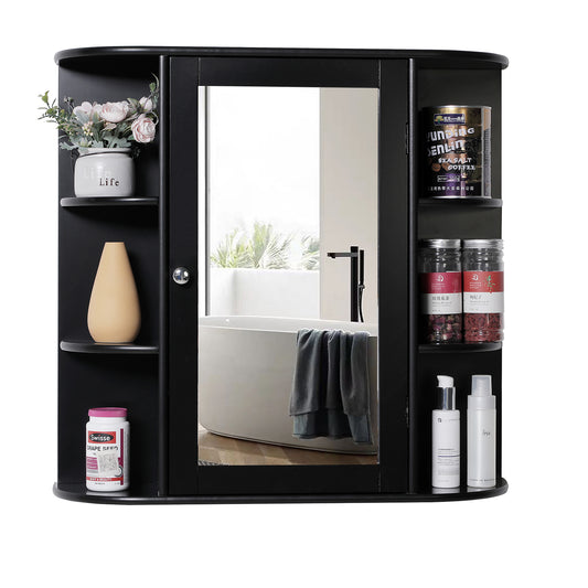 IWELL Bathroom Wall Cabinet with 1 Mirror Door, Wood Organize Cupboard with Adjustable Shelf, Over The Toilet Space Saver for Storage Cabinet, Entryway, Living Room, Black