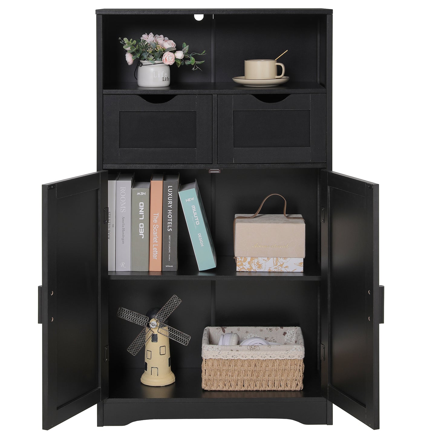 IWELL Storage Cabinet, Bathroom Floor Cabinet with 2 Drawers & 2 Shelves, Freestanding Accent Cabinet for Living Room, Bedroom, Office, Black