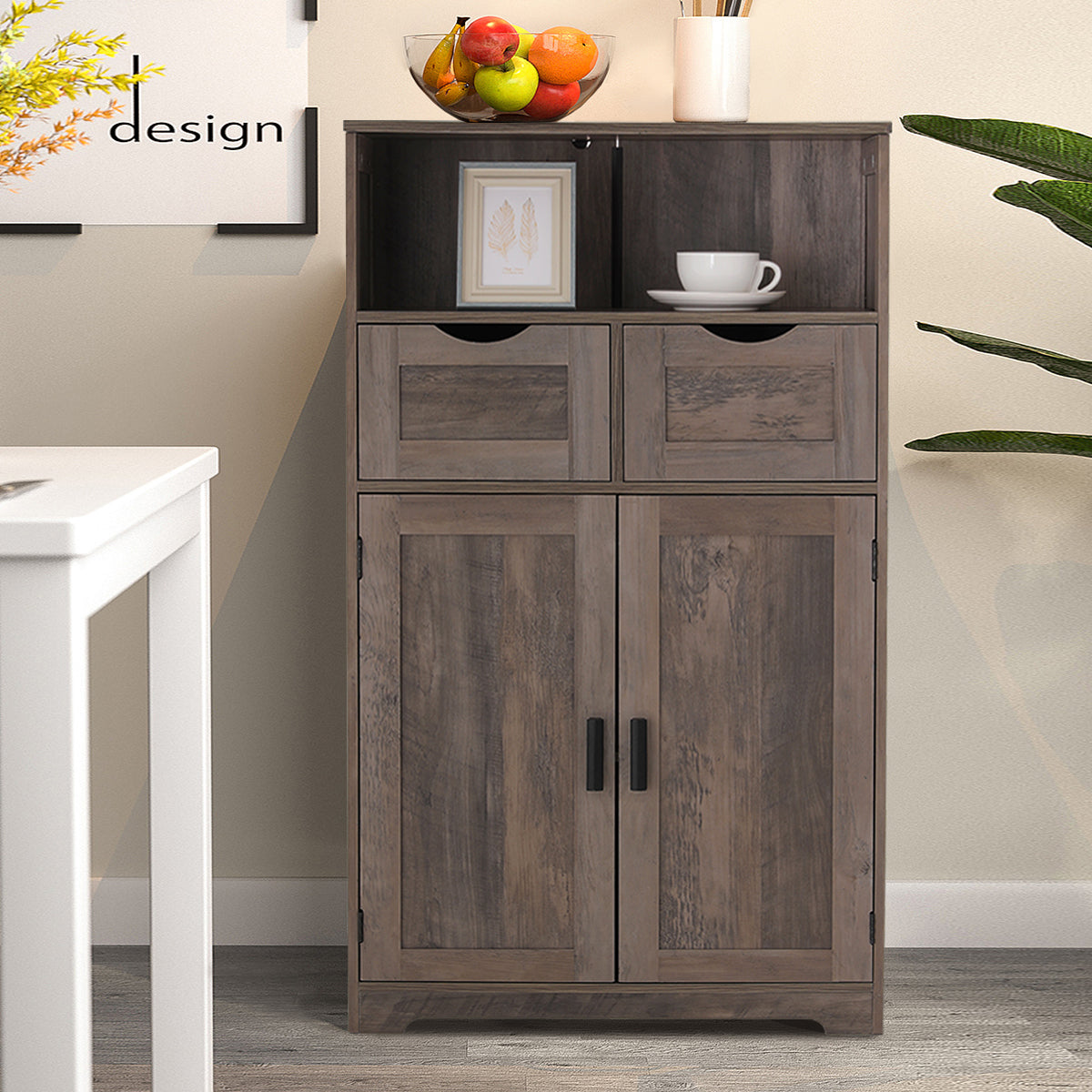 IWELL Large Storage Cabinet, Bathroom Cabinet with 2 Drawers & 2 Shelf, Cupboard, Sideboard for Living Room, Bedroom, Office, Rustic Oak