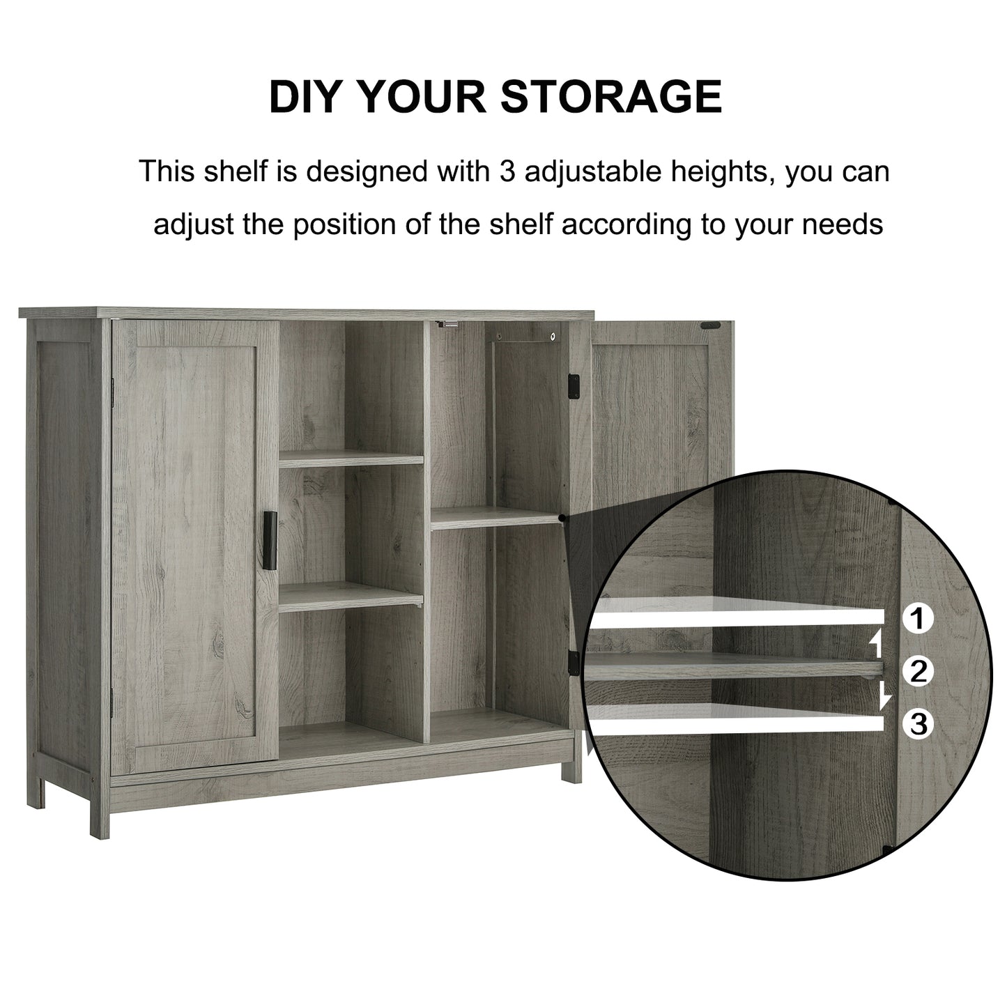 IWELL Floor Storage Cabinet with 2 Doors and 2 Open Shelves, Wooden Medical Cupboard, Buffet Sideboard, Farmhouse Free Standing Cabinet, Grey