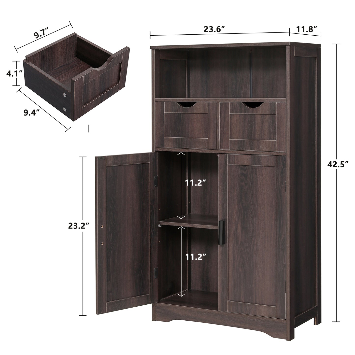 IWELL Large Storage Cabinet, Bathroom Floor Cabinet with 2 Adjustable Drawers & 2 Shelf, Accent Cabinet with Double Door, Sideboard, Cupboard for Living Room, Home Office, Espresso