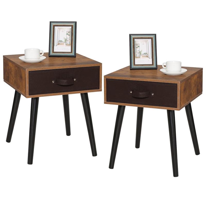 IWELL Rustic Brown Mid-Century Nightstand Set of 2, End Table with Drawer & Wooden Legs, Side Table for Bedroom