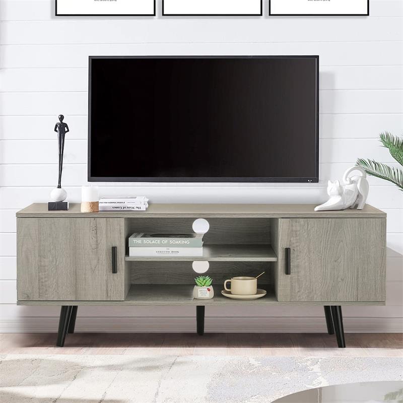 IWELL TV Stand for 55 inch TV, Entertainment Center with Storage and Open Shelves, Mid Century TV Stand Table, Media Console for Living Room, Bedroom, Grey