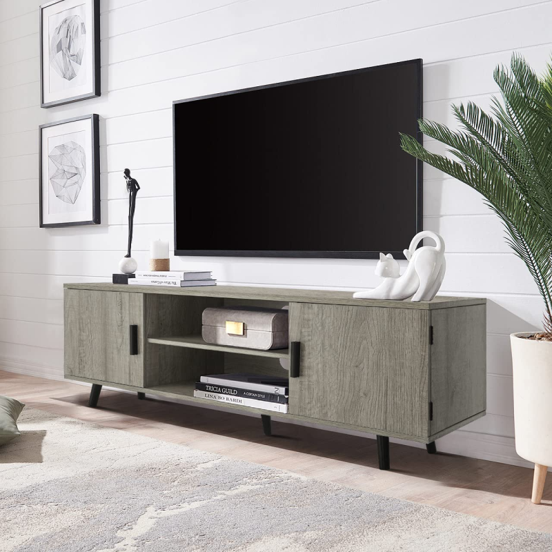 IWELL TV Stand for 55 inch TV, Entertainment Center with Storage and Open Shelves, Mid Century TV Stand Table, Media Console for Living Room, Bedroom, Grey