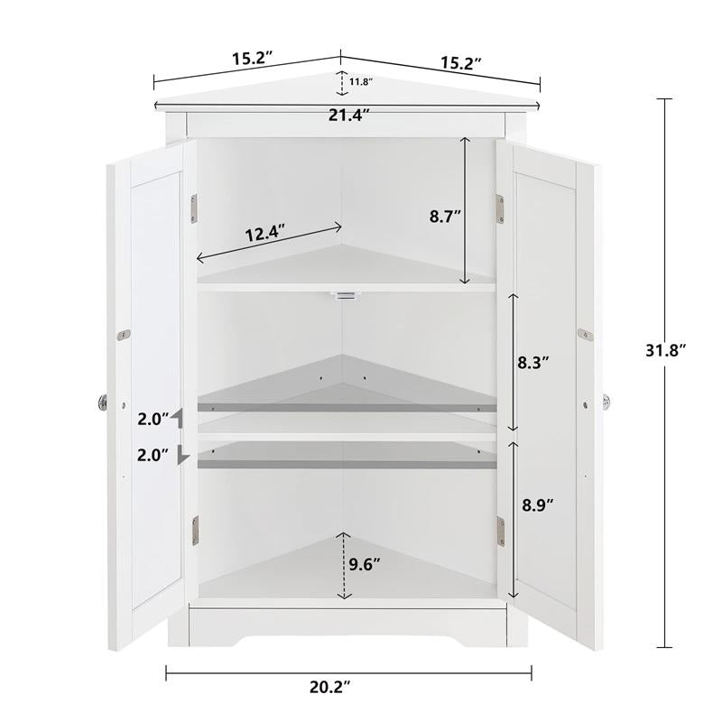 IWELL Floor Corner Cabinet, Bathroom Corner Cabinet with 2 Doors and Storage Shelves, Free-Standing Corner Cabinet for Bathroom, Living Room, Kitchen, Bedroom, White